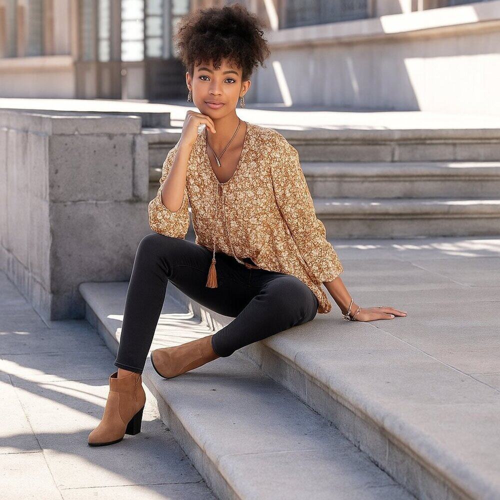 2/$30 Lascana Floral Tassel Lightweight Blouse Long Sleeve Brown 4 #A0204 TRB2 - Picture 3 of 10